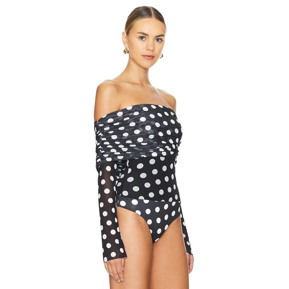 AFRM Maxine Polka Dot Mesh Off Shoulder Ruched Bodysuit Black White XS